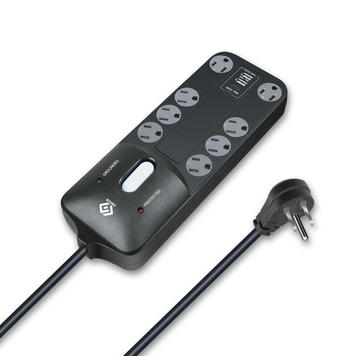 OSKOS PD20W USB-C Charger, 18W USB-A Fast Charging, Four Ports (2A2C), 8 outlets Power Strip with 6FT 14/3 Cord, 2480 Joules Surge Protected, 15A