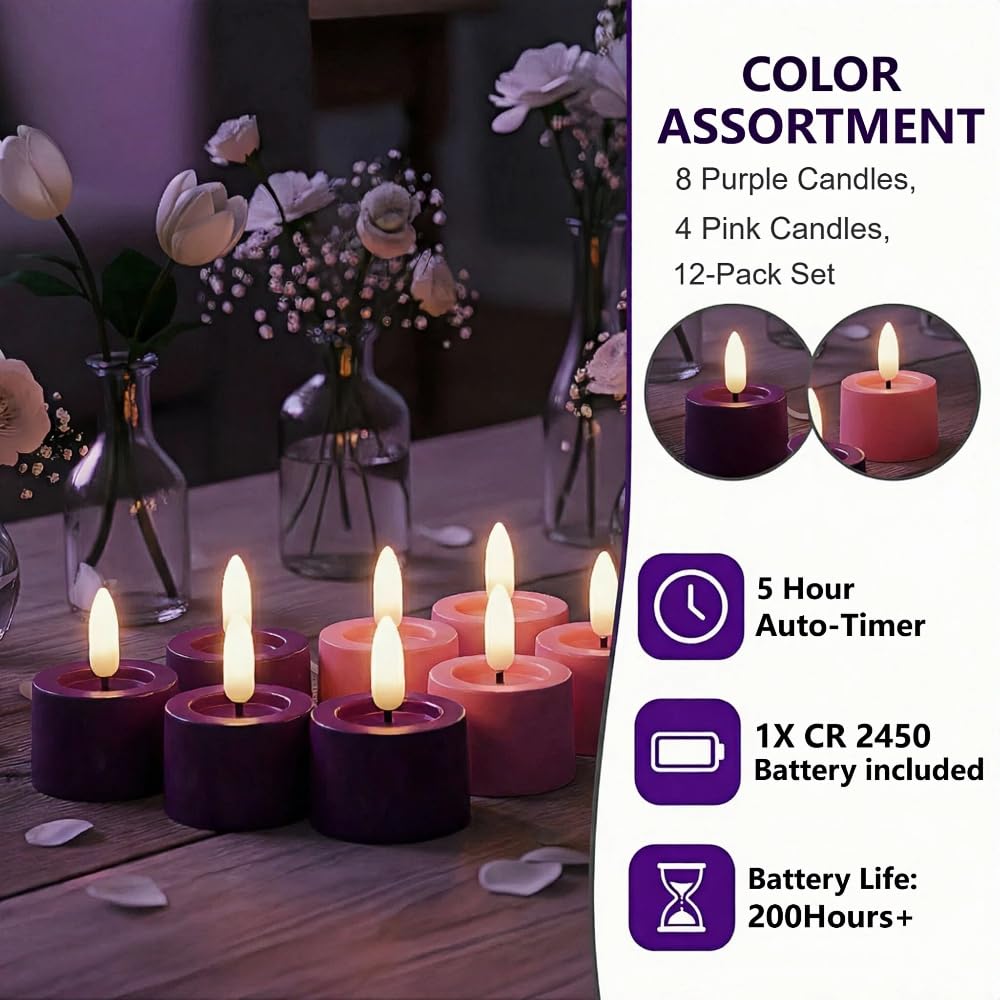 Simplelight Advent Candles, Purple & Pink Tea Lights Candles, Pack of 12