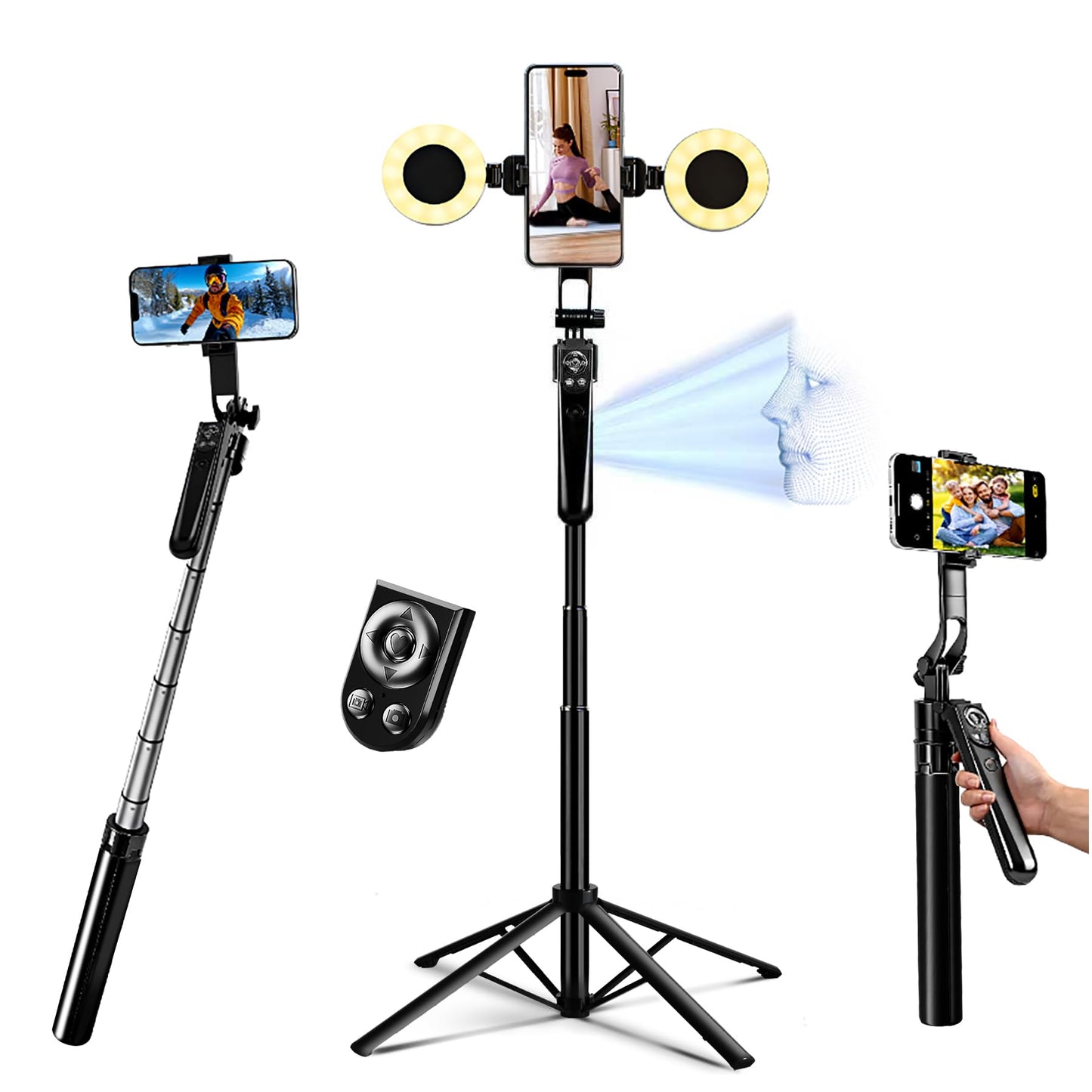 Euoto Auto Face Tracking Selfie Stick Tripod for iPhone with Light 360 Rotation that Follows Your Movement 70.9" Camera Tripod Stand with Remote
