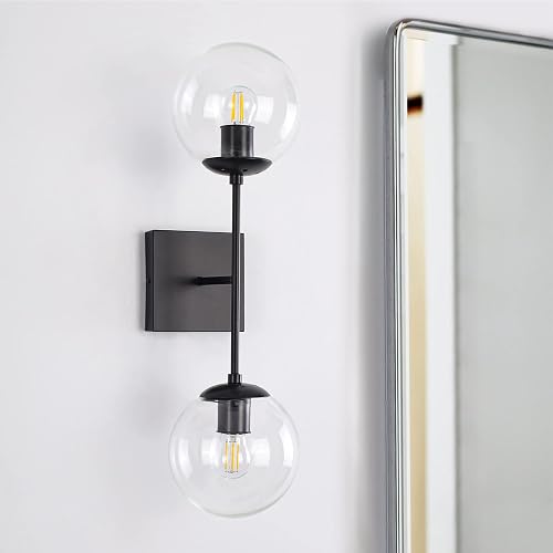 Ynzefly Wall Sconces Black, 2-Lights Mid Century Modern Bathroom Vanity Lights with Clear Glass Globe Shades Industrial Wall Light Fixtures