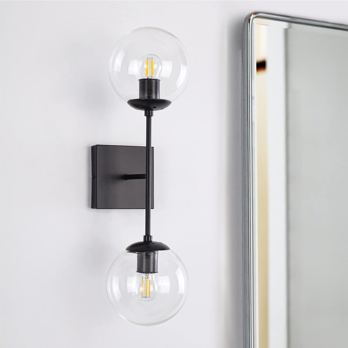 Ynzefly Wall Sconces Black, 2-Lights Mid Century Modern Bathroom Vanity Lights with Clear Glass Globe Shades Industrial Wall Light Fixtures
