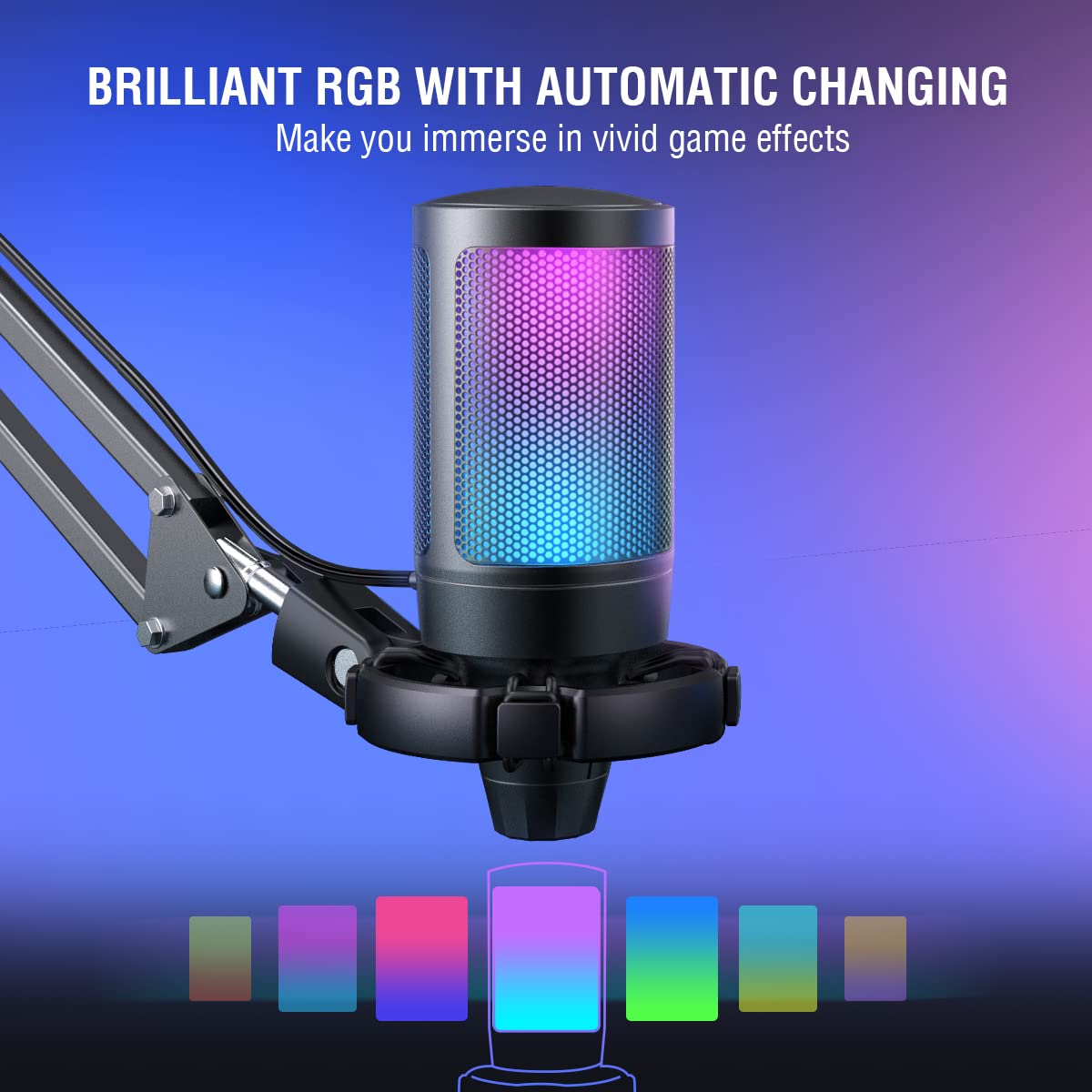 FIFINE Gaming PC USB Microphone, Podcast Condenser Mic with Boom Arm, Pop Filter, Mute Button for Streaming, Twitch, Online Chat, RGB Computer Mic for