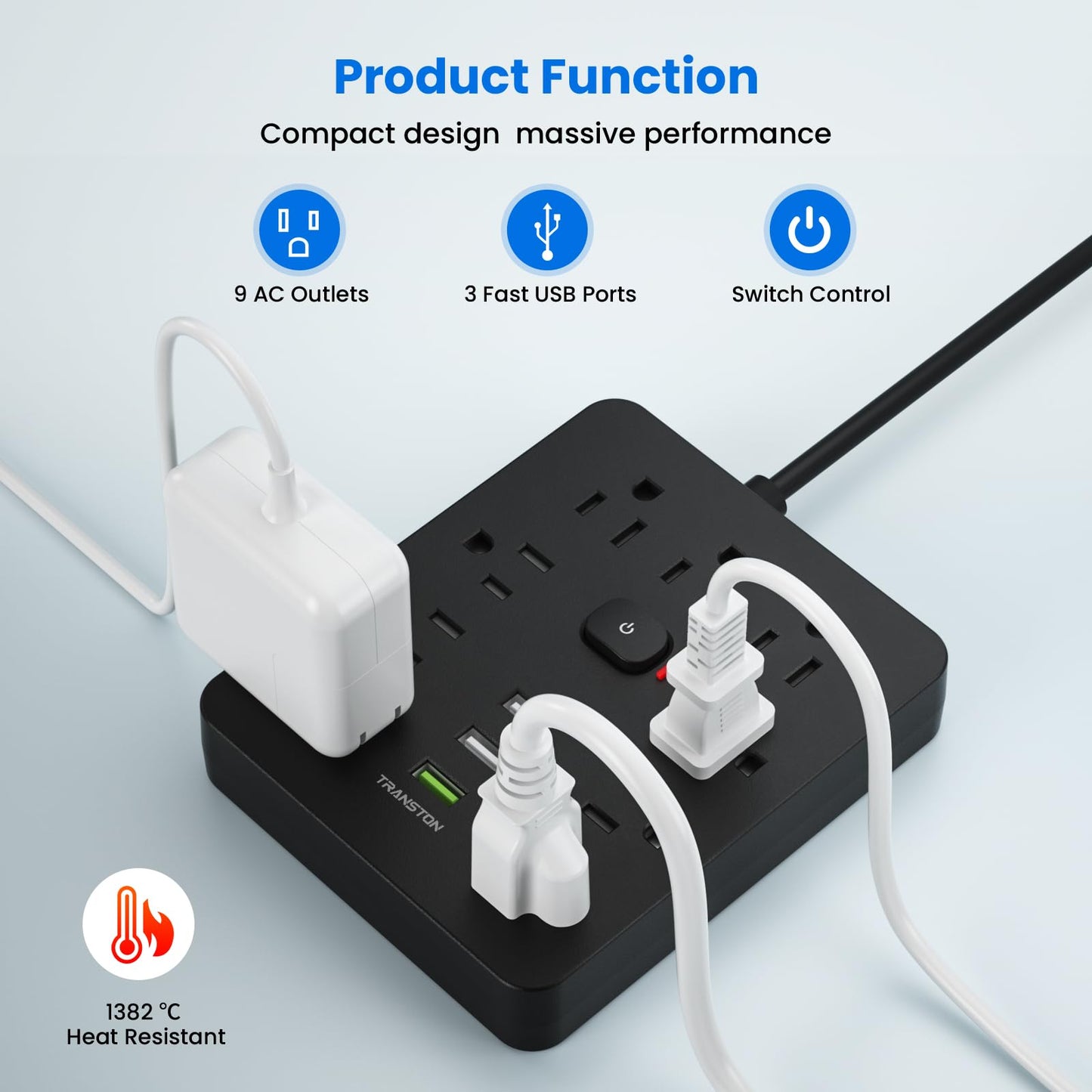 Power Strip Surge Protector with 9 Outlet 3 USB Ports, Fireproof Desktop Charging Station with Flat Plug Wall Mount 5 ft Long Extension Cords for Home