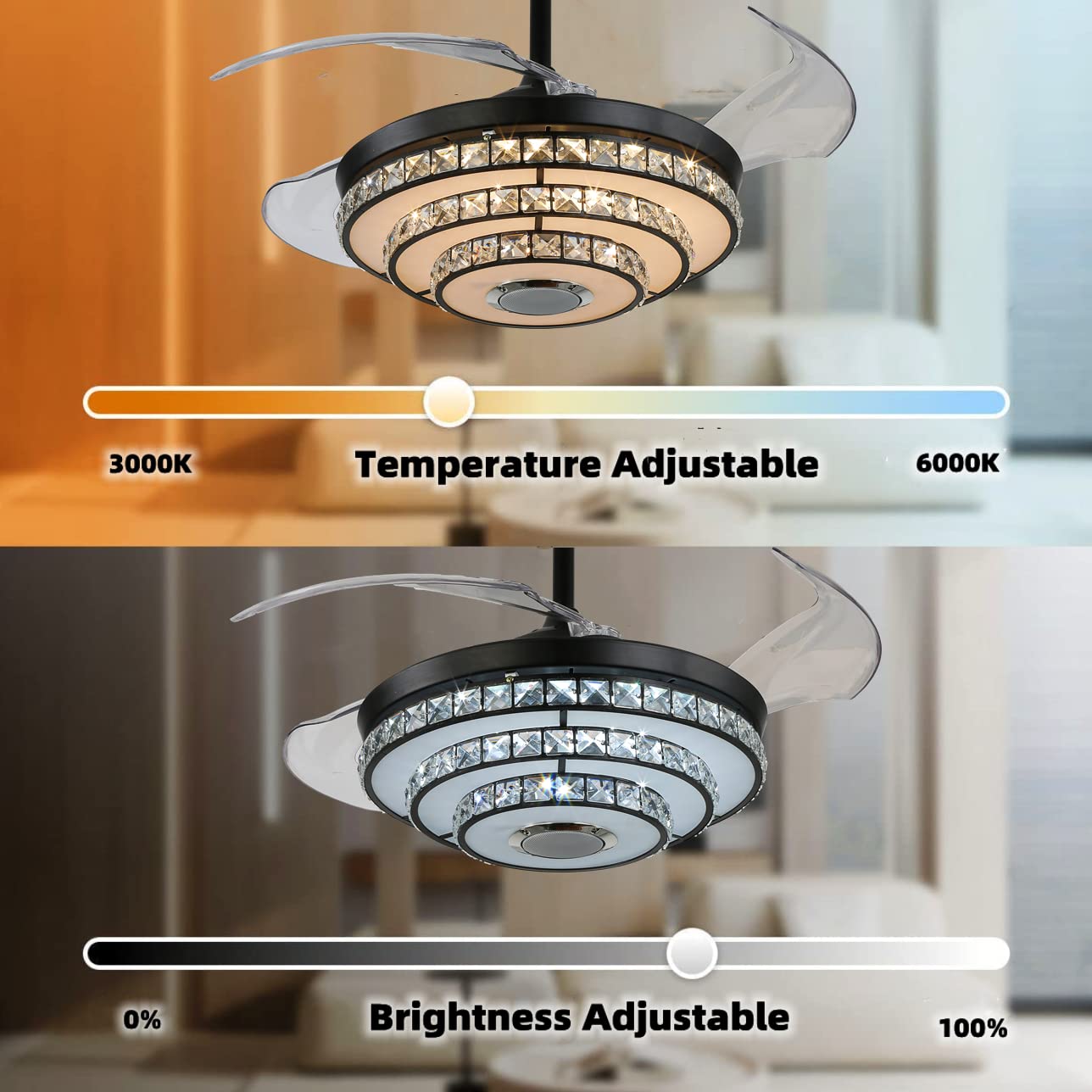 FANEPRO 42" Smart Ceiling Fan with Lights and Bluetooth Speaker, Retractable Black Fandelier RGB Color Dimmable LED Crystal Chandelier Fans