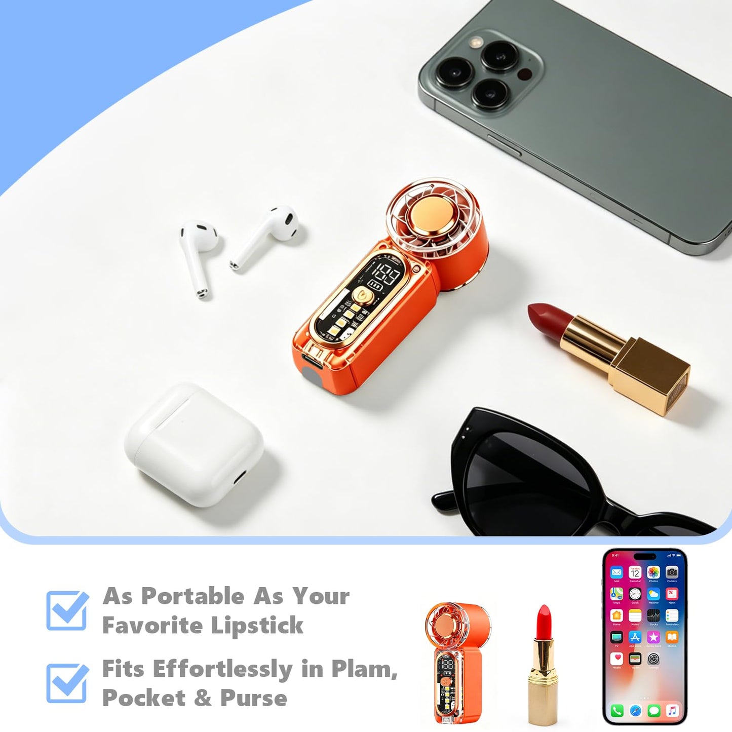 HUIQIHK Portable Mini Handheld Fan, 100 Speed Adjustable Pocket Fan with Digital Display, USB-C Rechargeable Personal Fan, Long Battery Life, Small