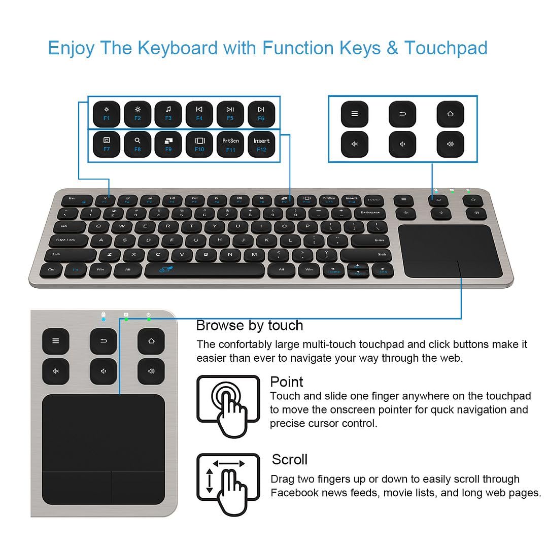 Arteck 2.4G Wireless Touch TV Keyboard with Easy Media Control and Built-in Touchpad Mouse Solid Stainless Ultra Compact Full Size Keyboard -Connected