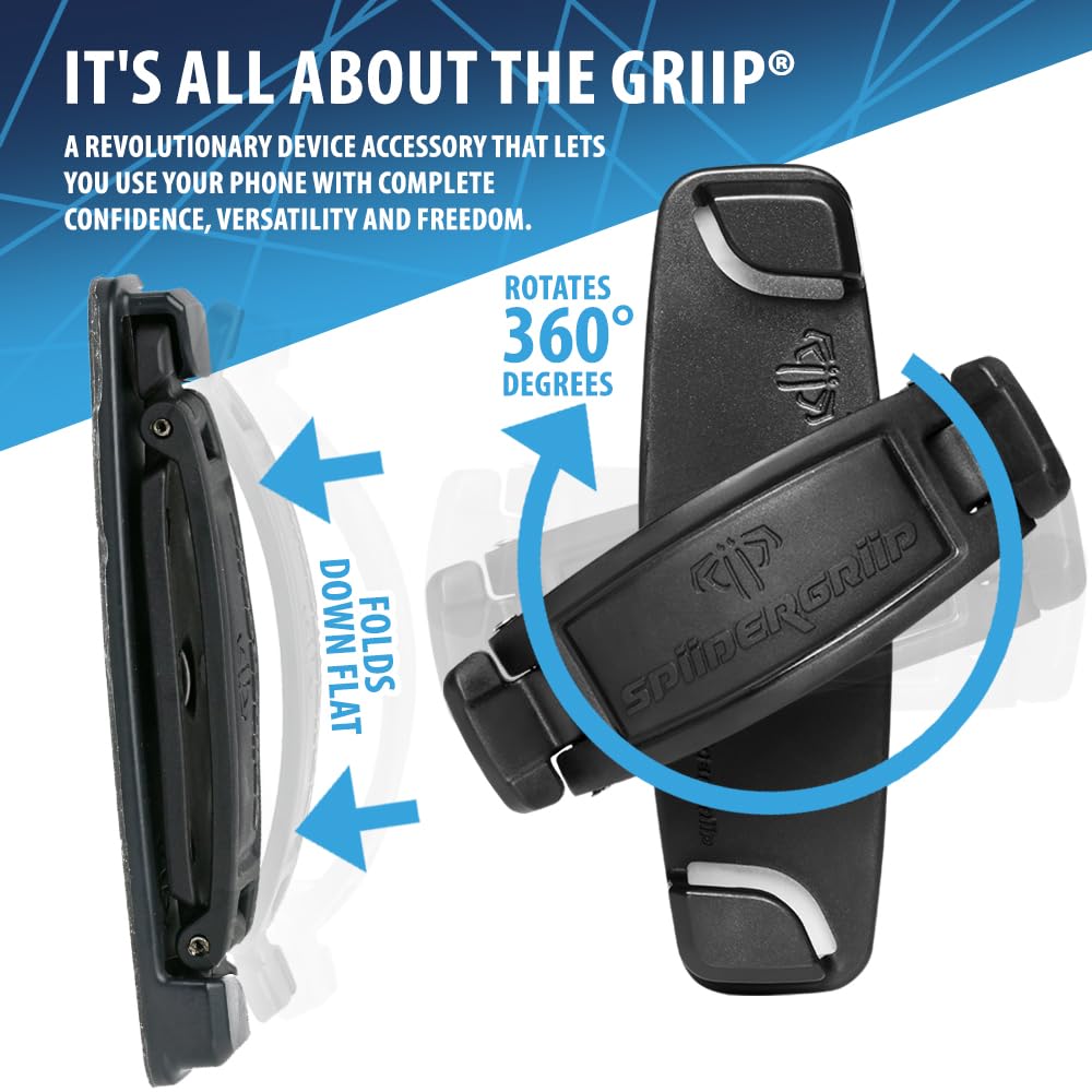 Mint Bucket Brands SpiiderGriip 360 Rotating Phone Grip - Flat-Fold Kickstand & Secure Strap - Works with iPhone, Android, Tablets & Cases
