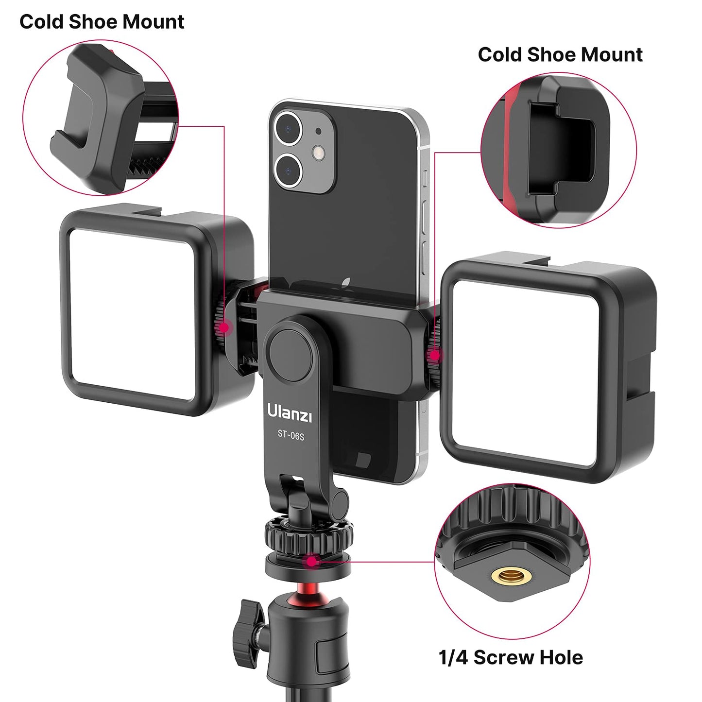 ULANZI ST-06S Phone Tripod Mount, Universal Smartphone Mount Adapter with 2 Cold Shoe, 360° Rotates Adjustable Cell Phone Clip Clamp Holder