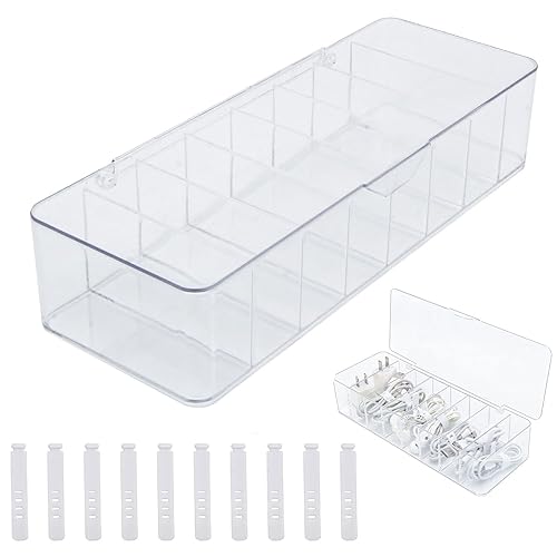 See-Through Cable Organizer Box Wire Management Case Data Cord Organizer Storage,8 Compartment Storage Boxes with 10 Wire Ties,Plastic Clear Lids