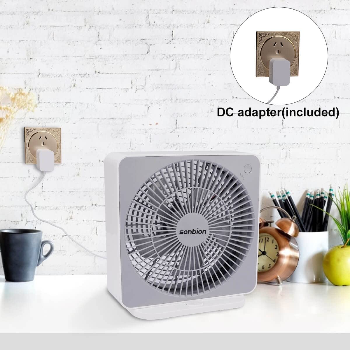 SONBION Small Box Fan, 10 inch Window Fan with 3 Speeds Strong Airflow, DC Adapter Square Table Fan for Office Bedroom Living Room Apartment, Quiet