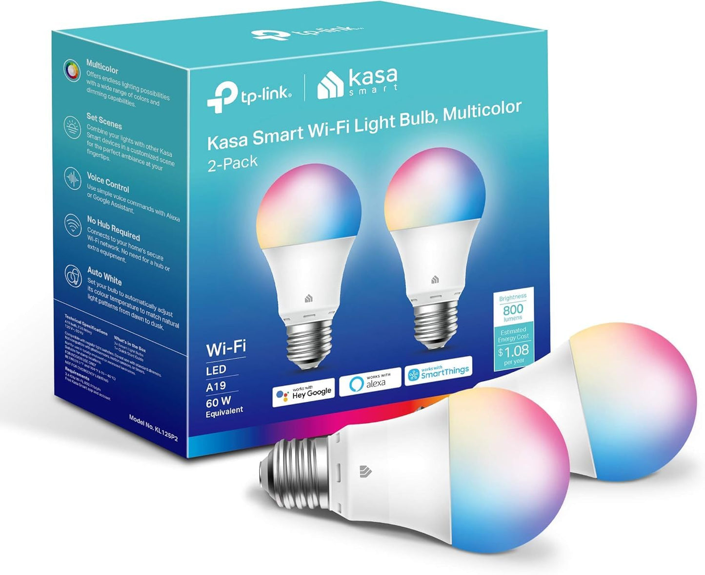 Kasa Smart Light Bulbs, Full Color Changing Dimmable Smart WiFi Bulbs Compatible with Alexa and Google Home, A19, 60 W 800 Lumens,2.4Ghz only, No Hub