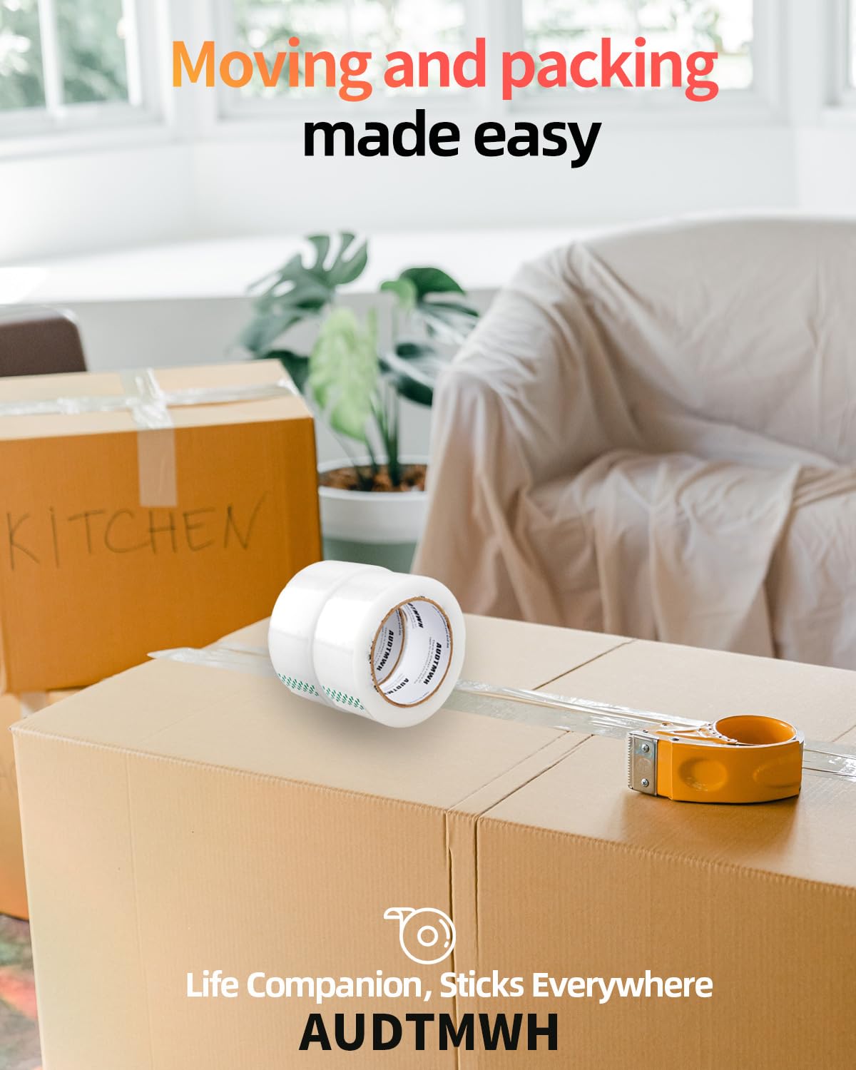 AUDTMWH Clear Packing Tape, Heavy Duty Packaging Tape Designed for Moving, Packing, Shipping and Mailing, 1.88" x 63 yds, 6 Rolls