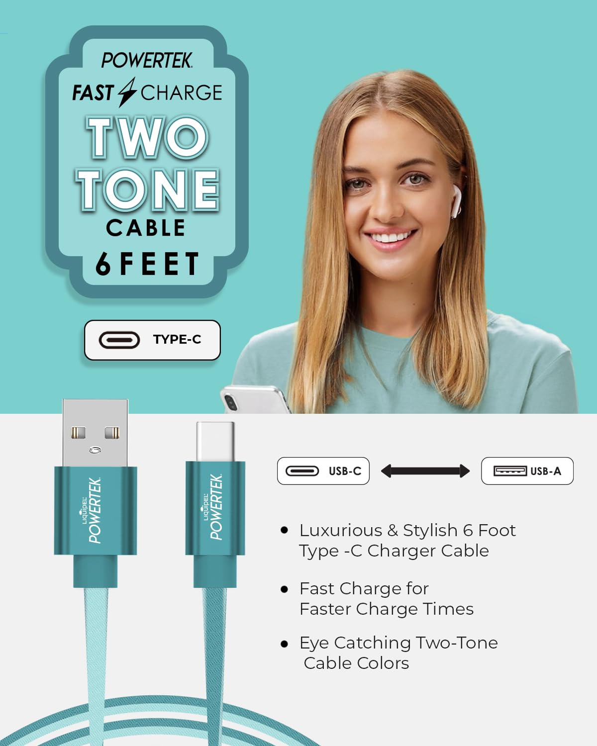 LIQUIPEL Powertek 6ft USB Type C Fast Charging Cable - Two Tone Charger for Galaxy, Android, iPhone, MacBook, Nintendo, PlayStation, Pixel, and More