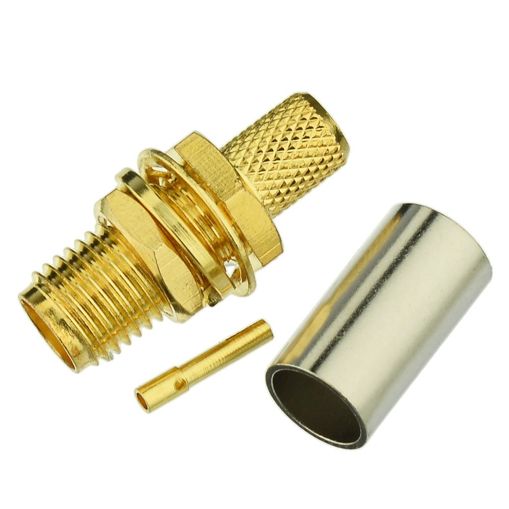 BINGFU SMA Female Bulkhead Mount Crimp Solder Attachment 50 Ohm Gold Plated Copper Connector (10-Pack) Compatible with RG58 RG303 RG141 RG142 RG400