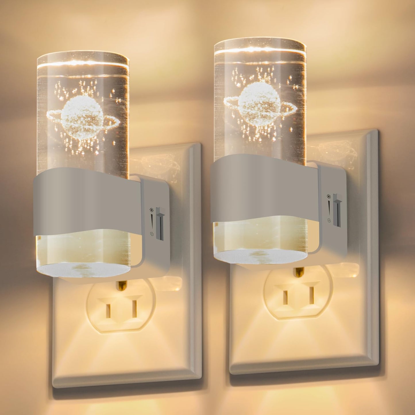 FLMAQE LED Night Light 2 Pack, Dimmable, Dusk to Dawn Sensor, 0-100 LM Adjustable Brightness, 3000K, Wall Mounted, Starry Sky Pattern Etched