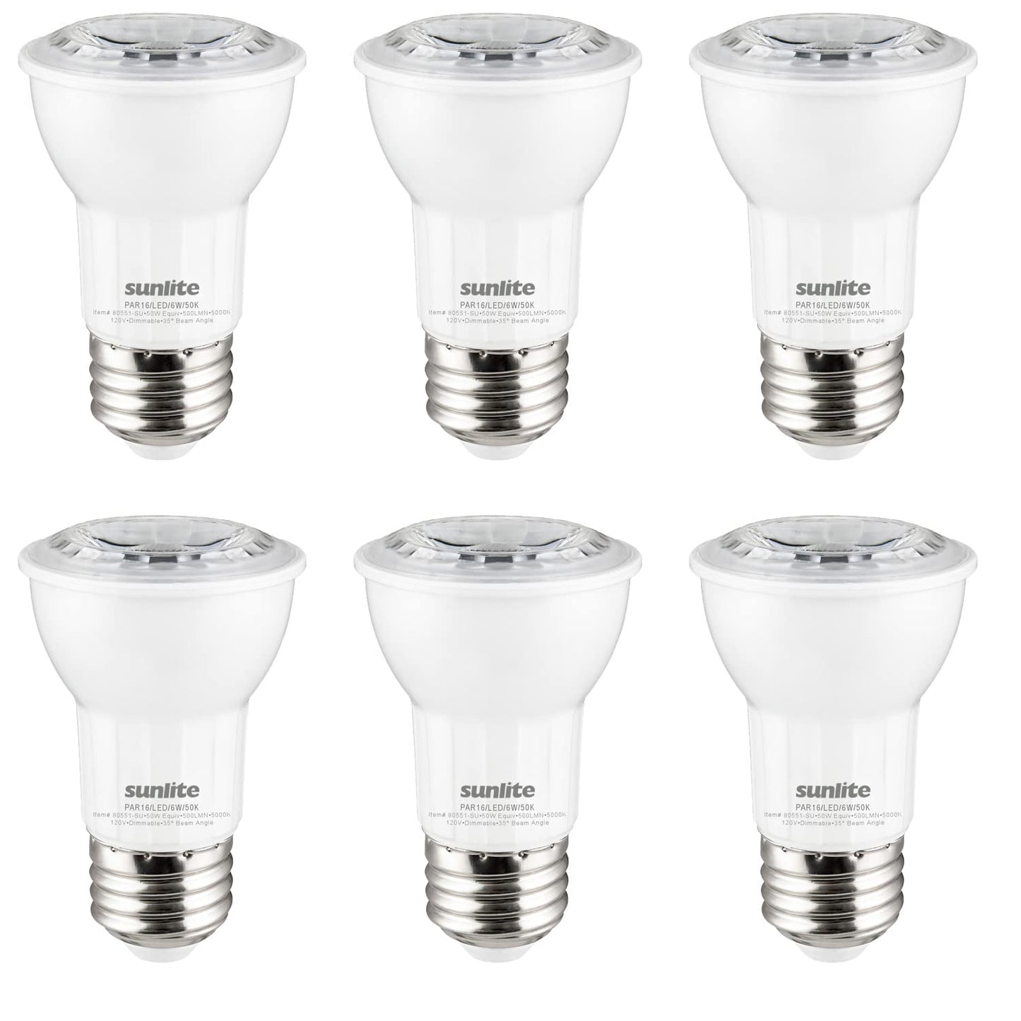 Sunlite LED PAR16 Long Neck Recessed Spotlight Light Bulb, 6 Watts (50W=), 500 Lumens, Medium E26 Base, Dimmable, 90 CRI, ETL Listed, Title-20