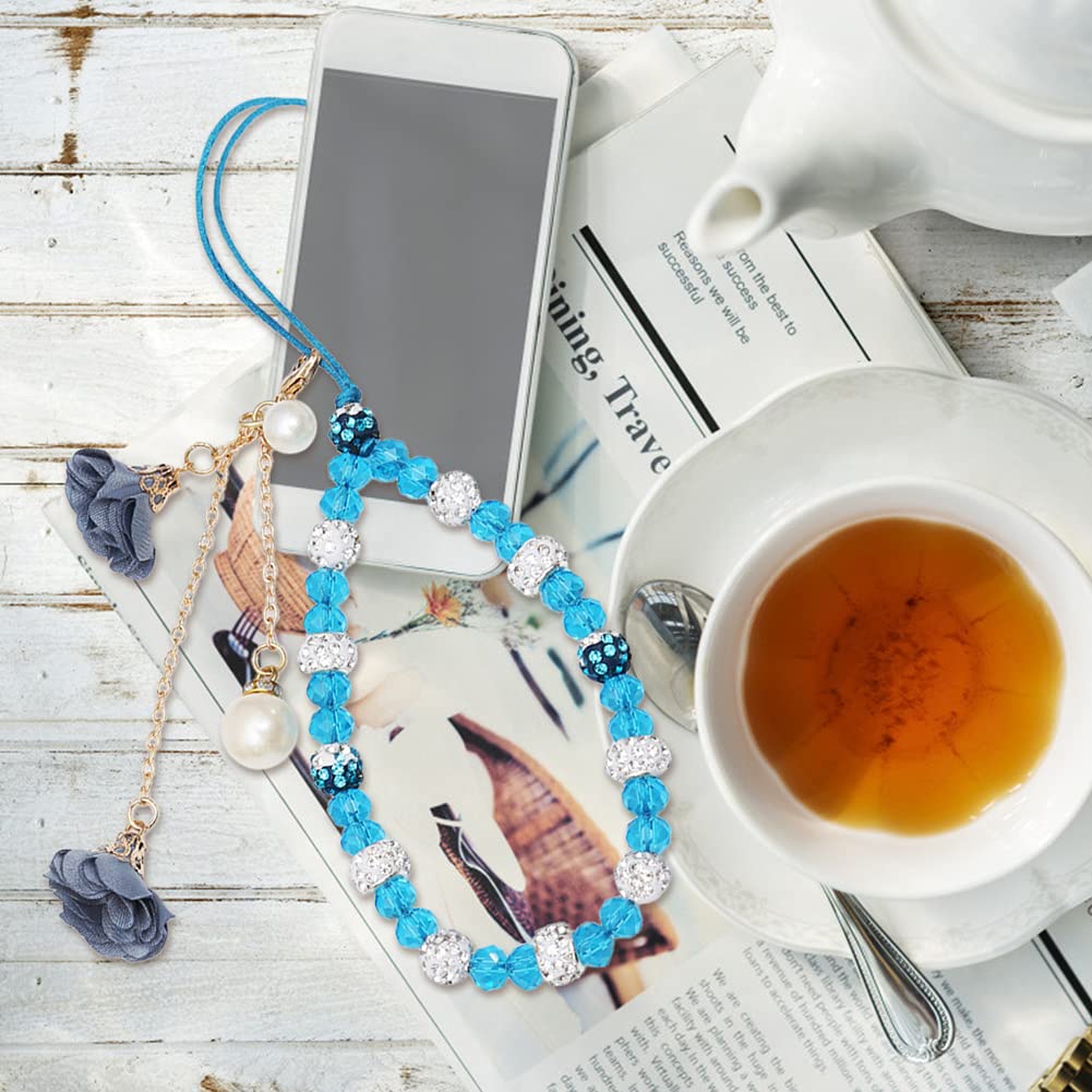 Katutude Beaded Phone Charm Lanyard, Bling Sparkle Cell Phone Charm Wrist Strap, Universal Anti-Lost Phone Chain, Blue