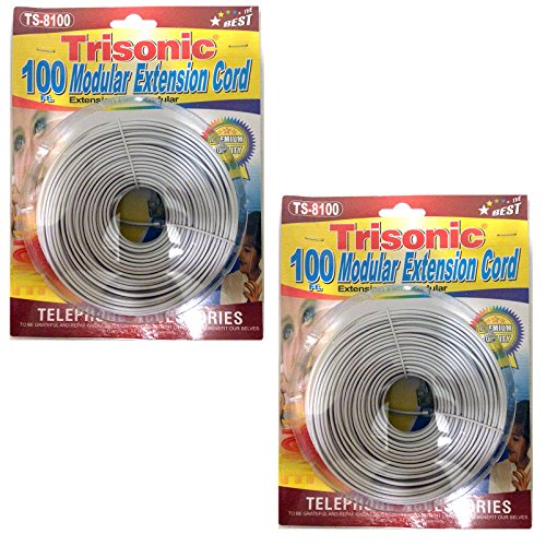 Trisonic Telephone Extension Cord Phone Cable Foot, White, 100Ft, 2-Pack