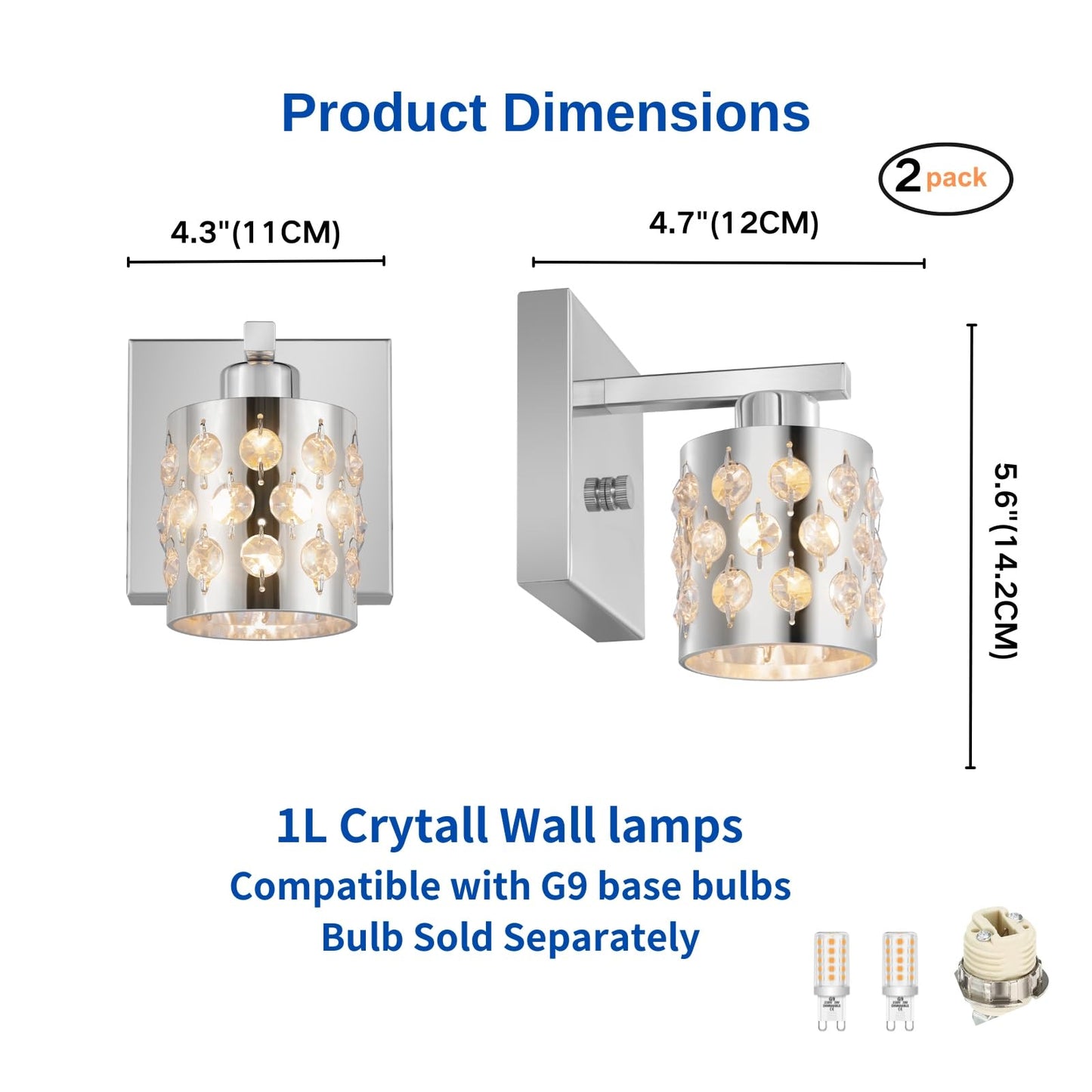 CRAFTRONOS 2-Pack Chrome Finish Wall Sconces, Hardware Decor Set of 2 Modern Vanity Lights, Metal Shade in K9 Crystal Clear Glass for Bathroom Mirror