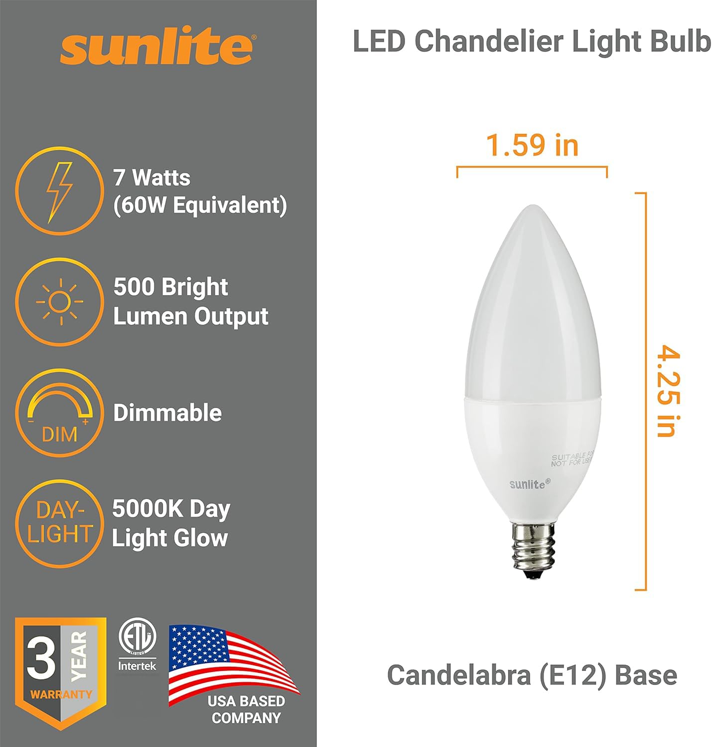 Sunlite LED B11 Frosted Torpedo Tip Chandelier Light Bulb, 7 Watts (60W Equivalent) 500 Lumens, Candelabra E12 Base, Dimmable, ETL Certified, 5000K