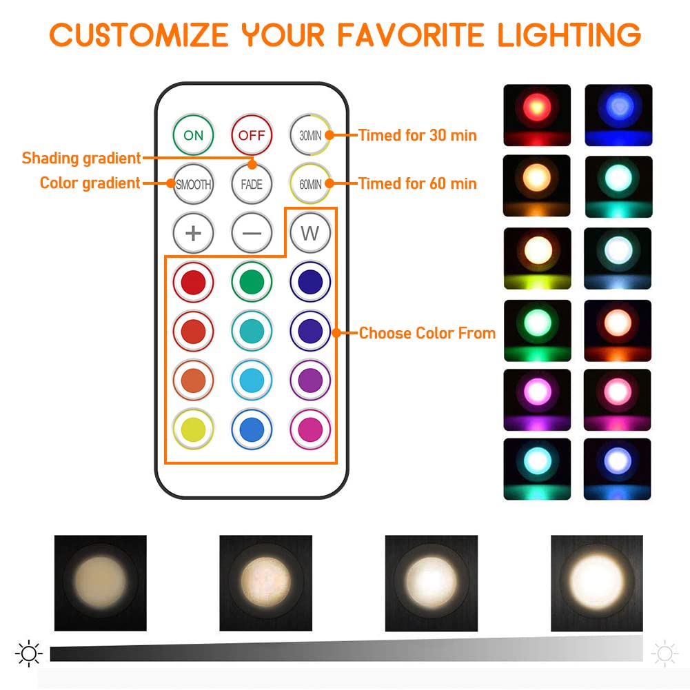 SIXDEFLY LED Puck Lights with Wireless Remote, 13 Colors RGB Dimmable Under Cabinet, Battery Powered Color Changing, Party Atmosphere for Kitchen