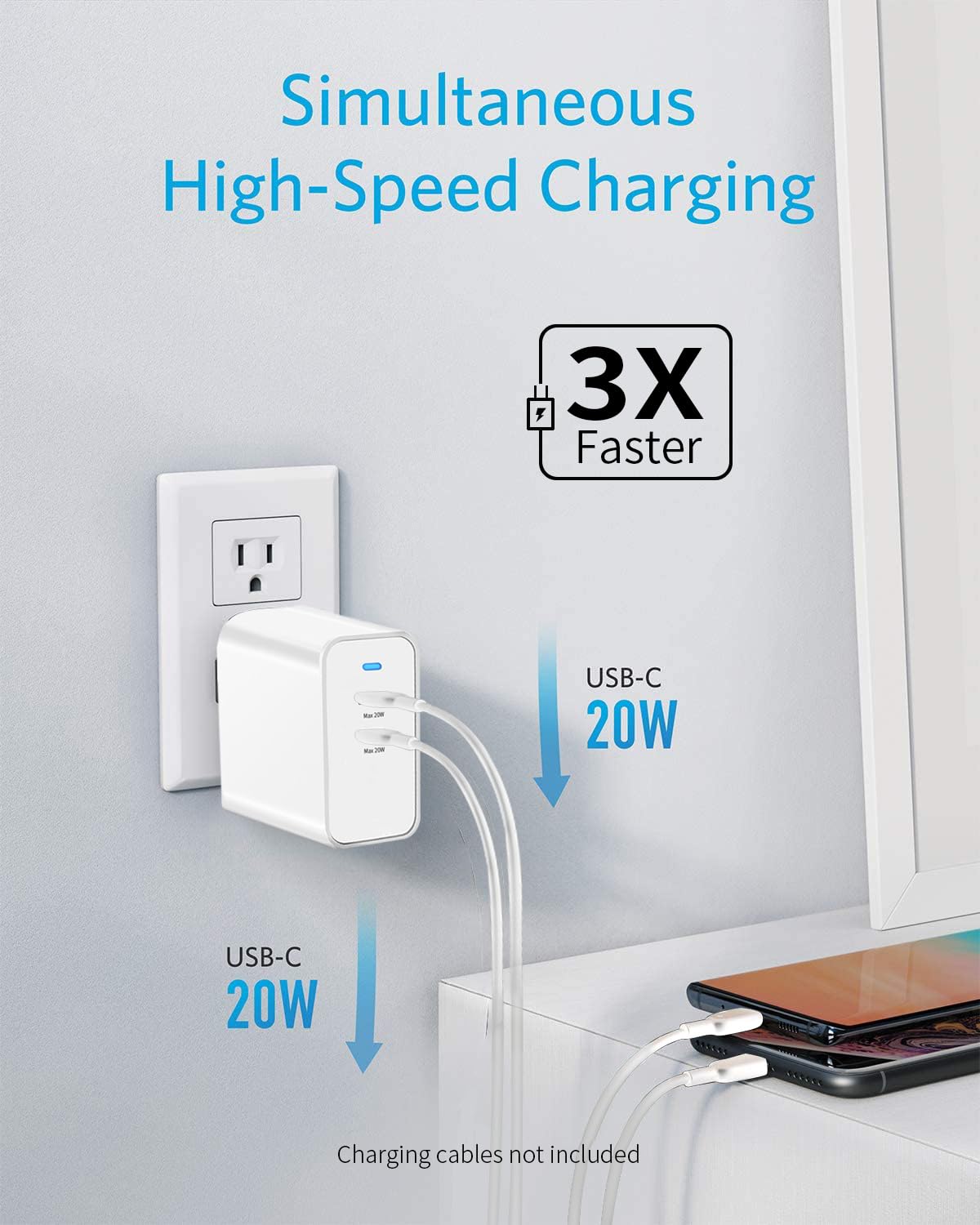 Ftenlyen 40W Dual Port USB C Charger Block, 20W+20W PD 3.0 Fast Charging for iPhone 15/14/13/12/11/XS/XR/X, iPad Pro/Air/Mini, Google Pixel, Samsung