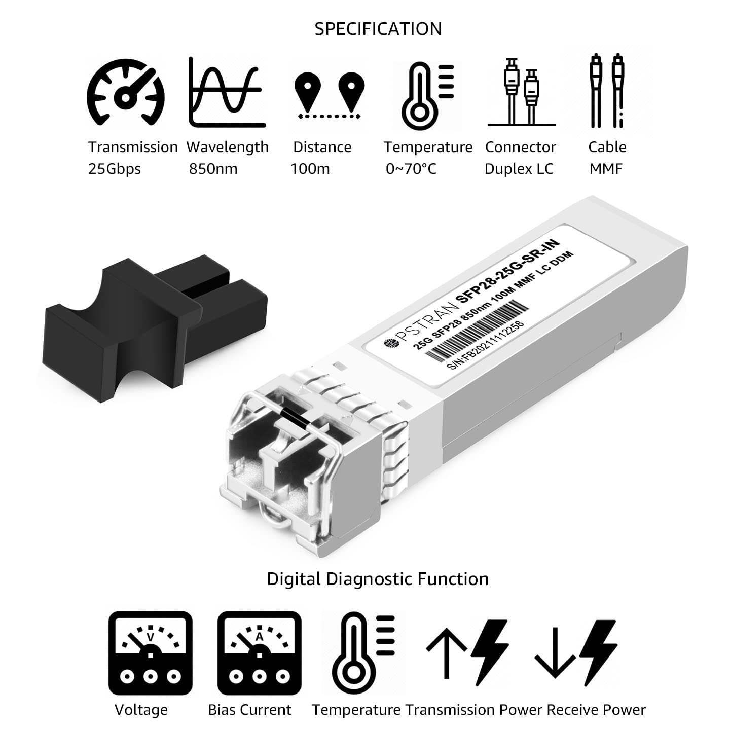 OPSTRAN 25GBASE-SR SFP28 Optical Transceiver Module Compatible with Intel E25GSFP28SR E25GSFP28SRX 25G SFP28 850nm 100m DOM Duplex LC MMF