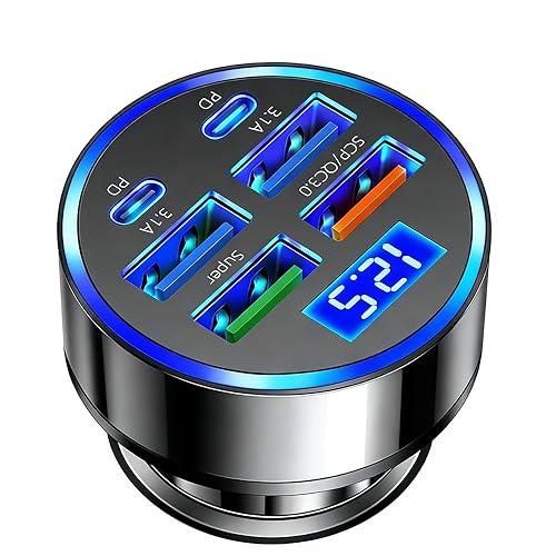 USB C Car Charger Adapter with Voltmeter Compatible with iPhone 16 15 14 13 12 11, Android, Samsung, 120W 6 in 1 Multi-Port Super Fast Charging