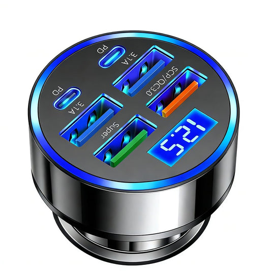 USB C Car Charger Adapter with Voltmeter Compatible with iPhone 16 15 14 13 12 11, Android, Samsung, 120W 6 in 1 Multi-Port Super Fast Charging