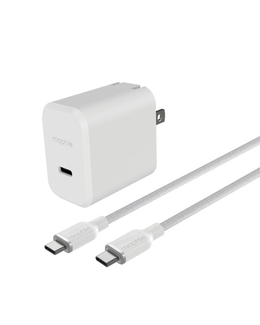 Mophie 30W GaN Charger with 2M/6ft USB-C to USB-C Cable Bundle -Fast Wall Charging, Universal Compatibility, Durable Braided, Eco-Friendly, White