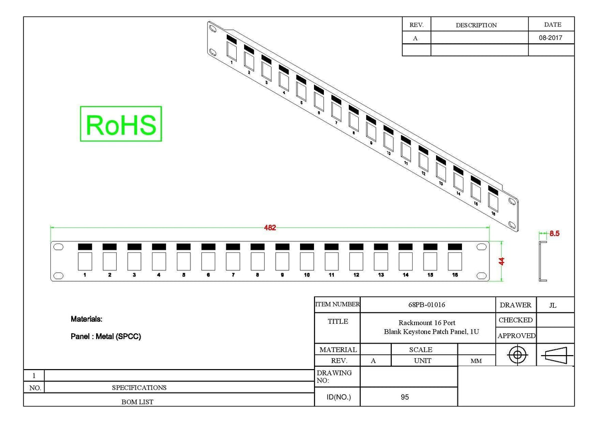 CableWholesale 1U Rackmount Keystone Rack Panel, 16 Port Blank Keystone Patch Panel, 19 Inch, 1 Unit