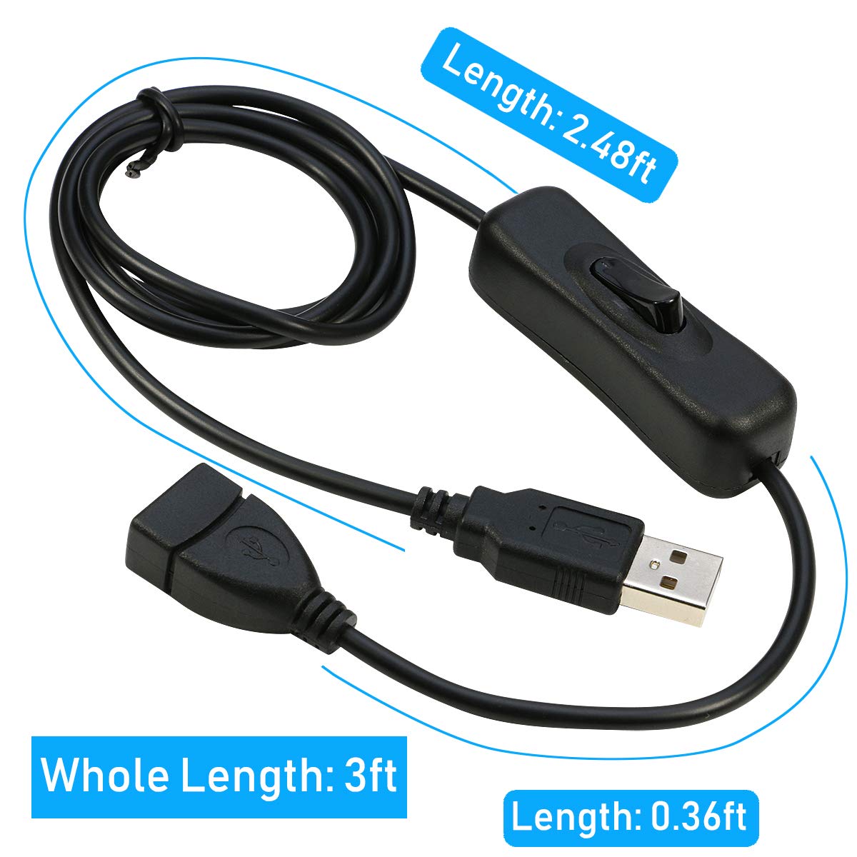 RIITOP USB Extension Cable With ON/OFF Switch - Male to Female Support (Data and Power) for Headset, LED Strips [3.3ft, 2-Pack]