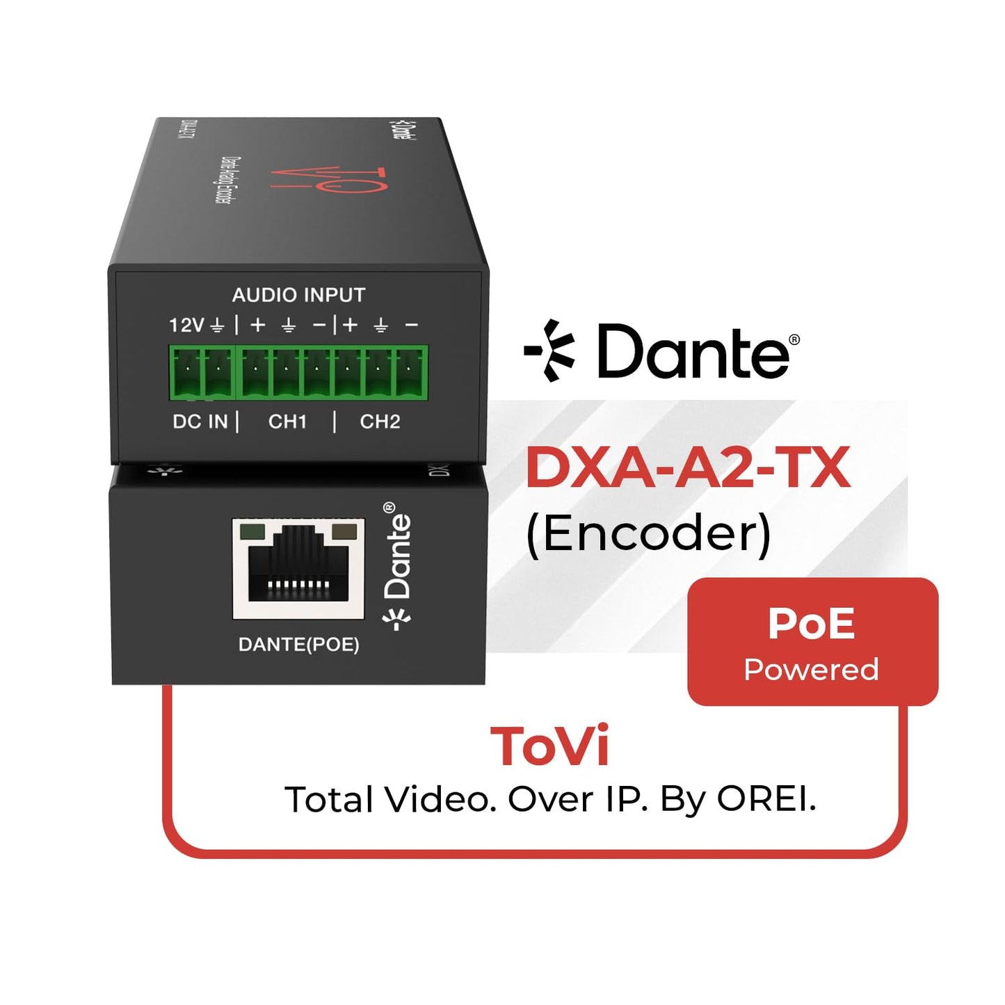 ToVi Dante Analog Audio Encoder - 2-Channel Analog to Dante/AES67 Audio Over IP Converter - Balanced/Unbalanced Input with 3-Level Gain - 24-bit