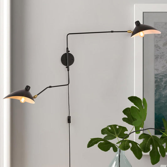 Modern Swing Arm Plug In Wall Lamp, Adjustable Industrial Wall Sconces For Bedroom Bedside, Retro Cordless Beetle-Shade Wall Light Fixtures For Living