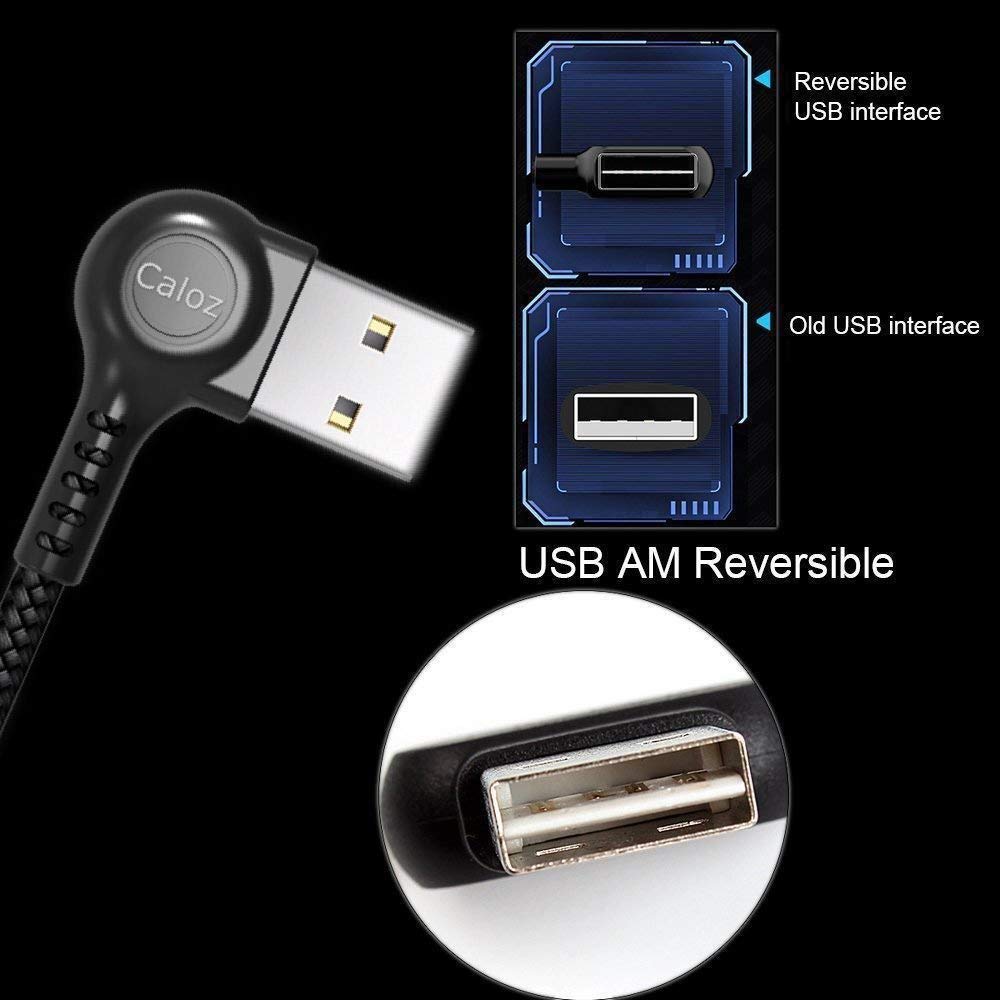 Caloz USB 90 Degree Right Angle Design Gaming LED Nylon Braided Sync Charge Double USB Reversible Data 6FT/1.8M Cable Compatible Phone/Pad…