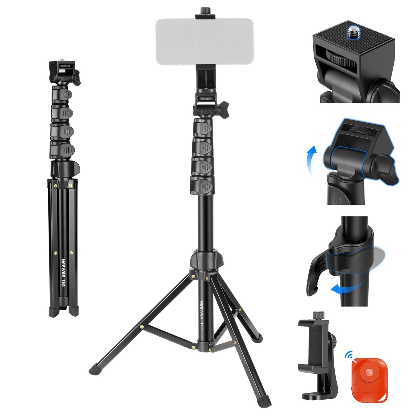 NEEWER Basic Phone Tripod for iPhone & Camera w/Remote & Phone Holder, 66" Metal Selfie Stick Travel Vlog Cell Phone Stand, Portable Camera Cellphone