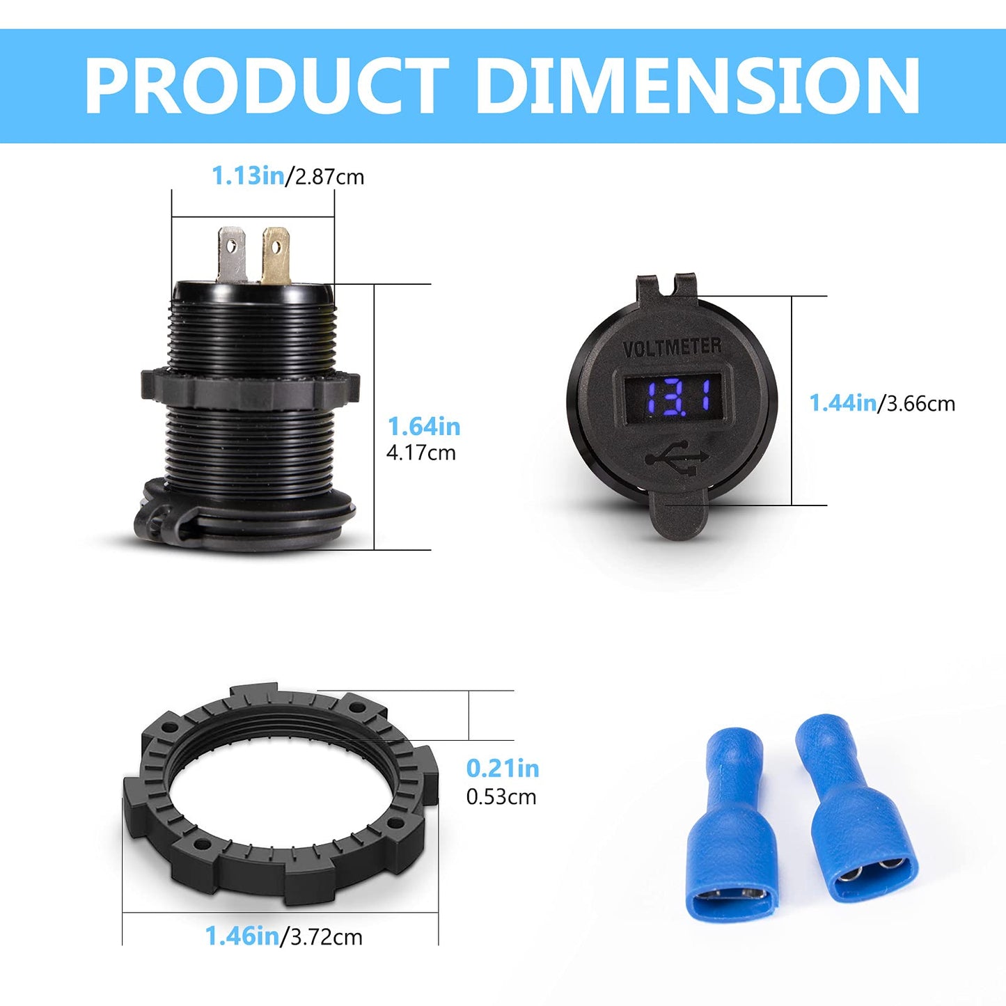 BUNKER INDUST Car Charger Socket Quick Charge 3.0QC,Dual Port USB Type C Outlet with Blue LED Digital Voltmeter,Aluminum Power Adapter 12V/24V