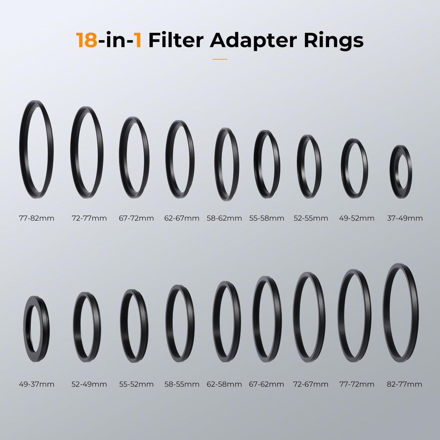 K&F CONCEPT 18 Pieces Filter Ring Adapter Set, Camera Lens Filter Metal Stepping Rings Kit (Includes 9pcs Step Up Ring Set + 9pcs Step Down Ring Set)