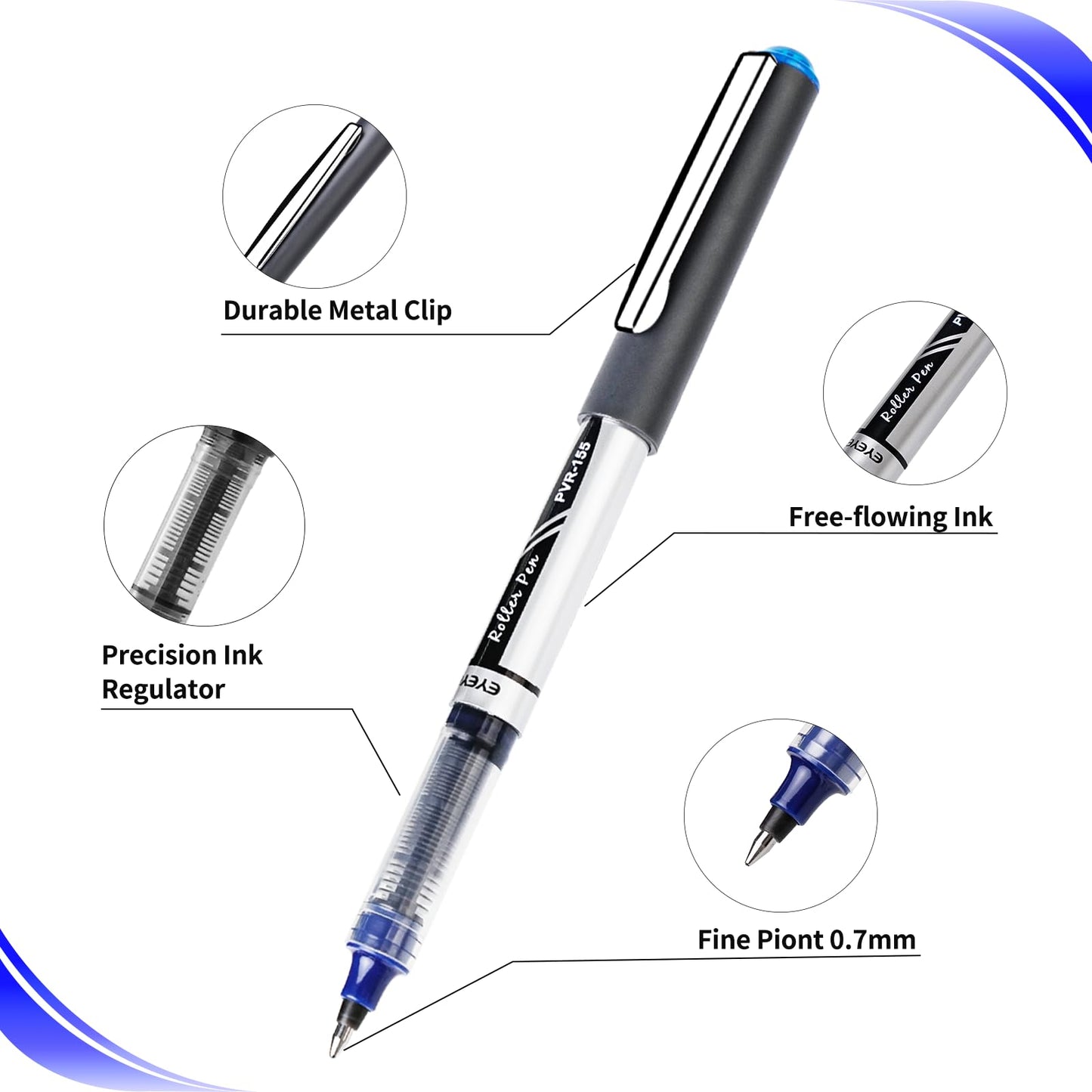 EYEYE 0.7mm Blue Pens Roller Ball, 12 Pack Medium Point Rollerball Pen Quick Dry, Liquid Ink Pens Fine Point Smooth Writing Pen for Journaling, Note