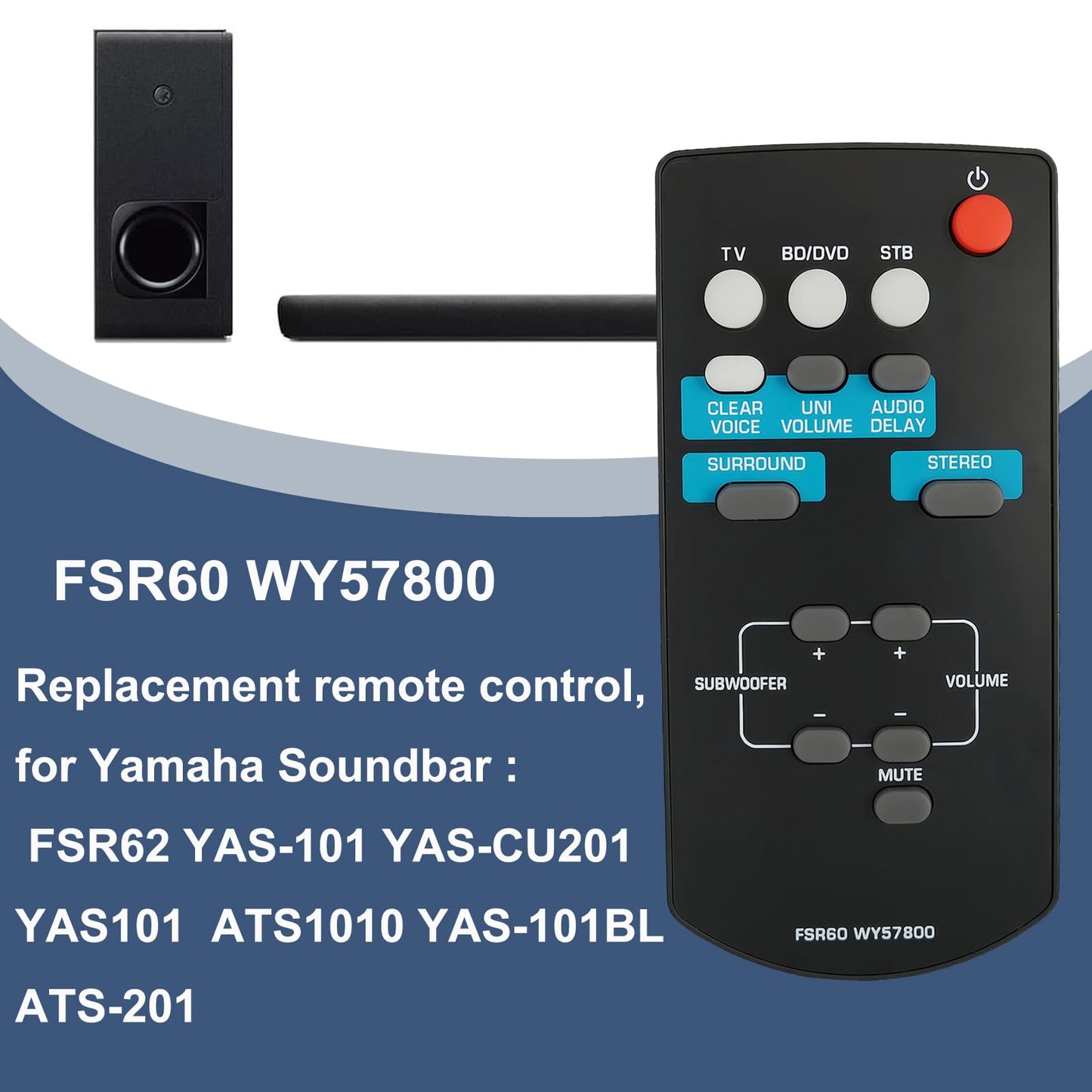 FSR60 WY57800 Replace Remote Control Compatible for Yamaha Soundbar FSR62 YAS-101 YAS-CU201 YAS101 ATS1010 YAS-101BL ATS-201 Sound Bar