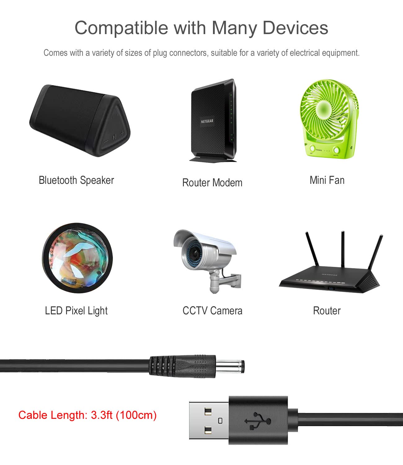 Lantisri 5V DC Power Cable, USB to DC 5.5x2.1mm Plug Charging Cord with 8 Connectors Adapters fit for Speaker, Router, LED Light, Moon Lamp and More