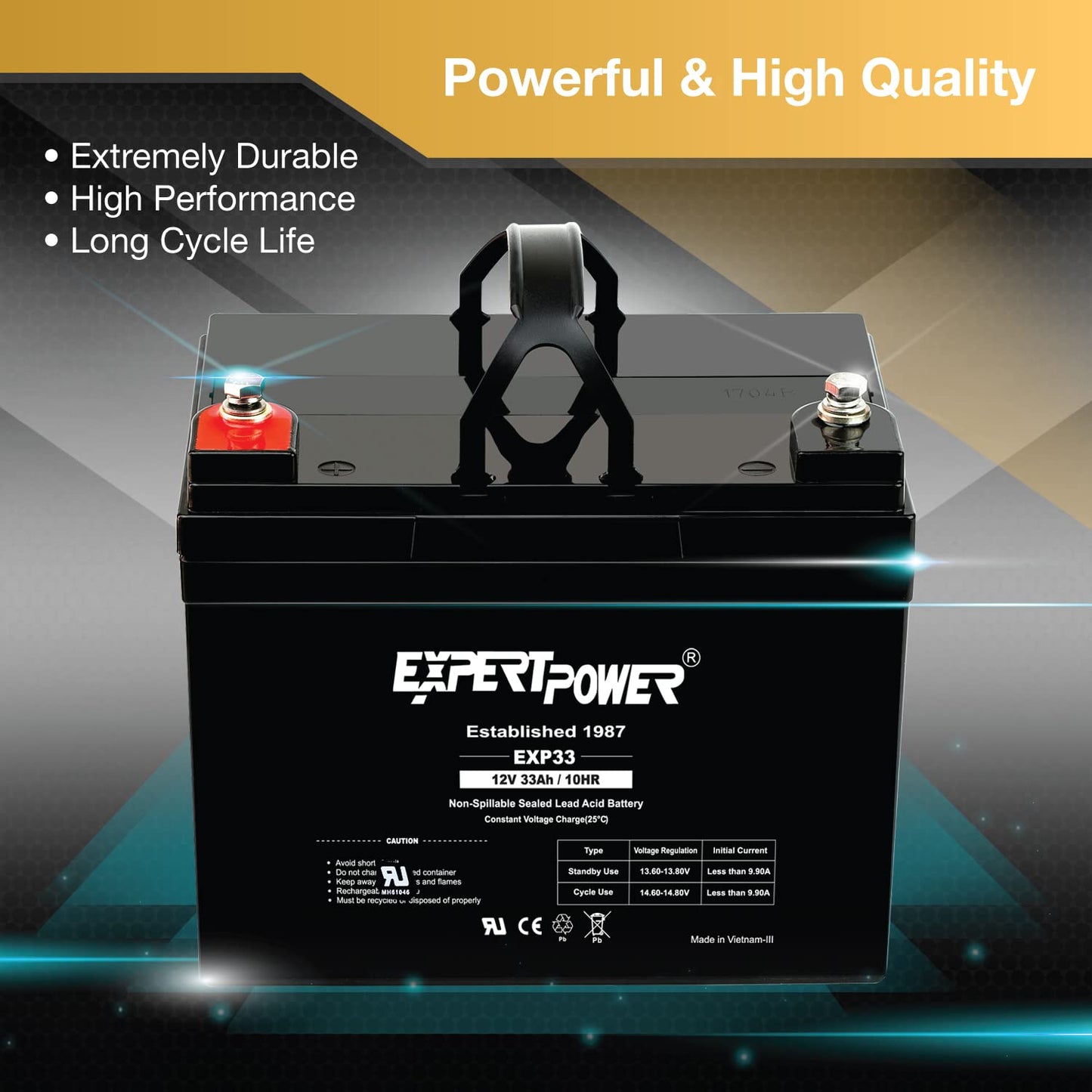 ExpertPower EXP33-12V 33Ah SLA AGM Battery for Solar Energy Storage, UPS, Trailer, Security System, Mobility Scooter, Small Marine Battery Backup…