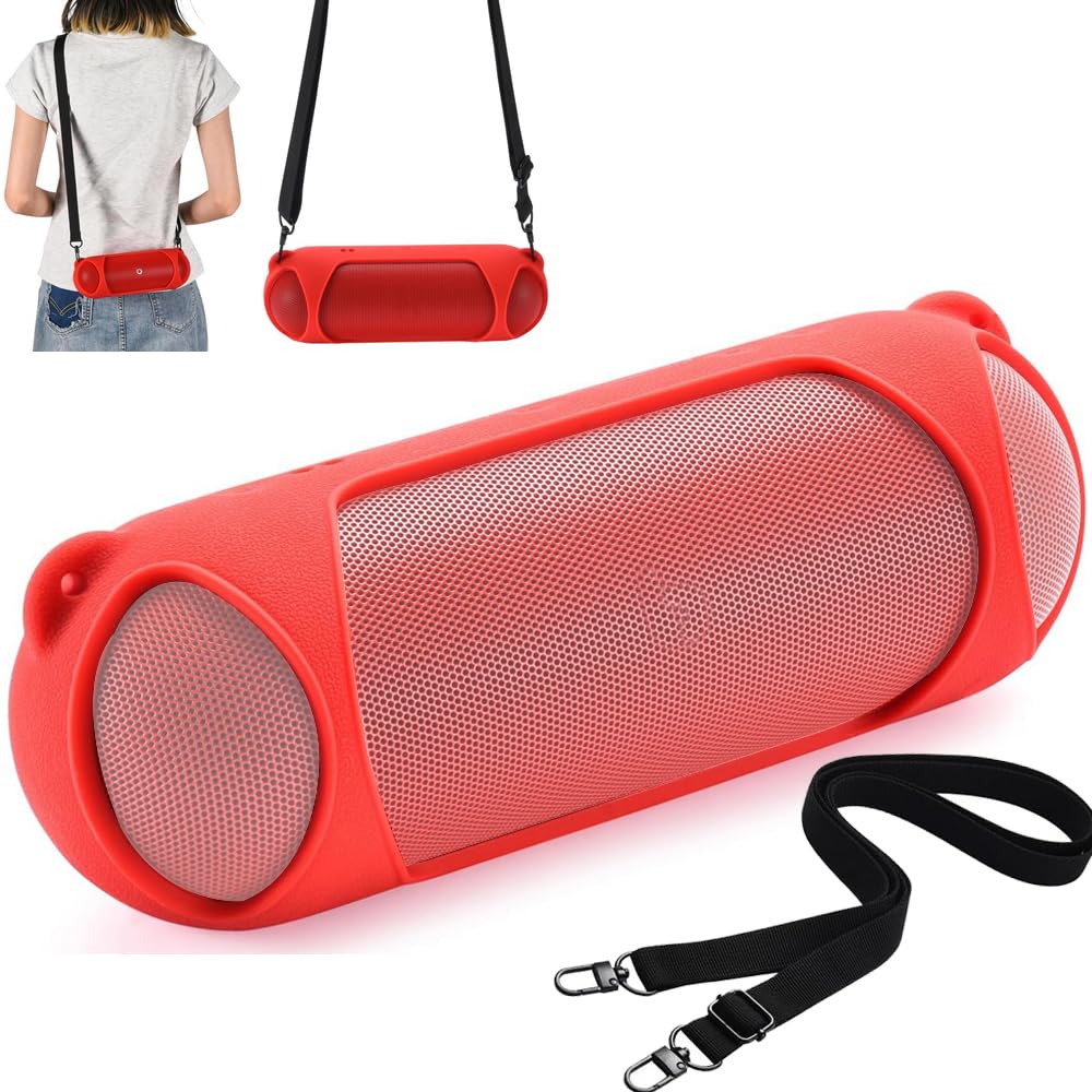 Ferbao Silicone Case for Beats Pill 2024,Protective Case with Shoulder Strap for Beats Pill 2024 Speaker (Red)