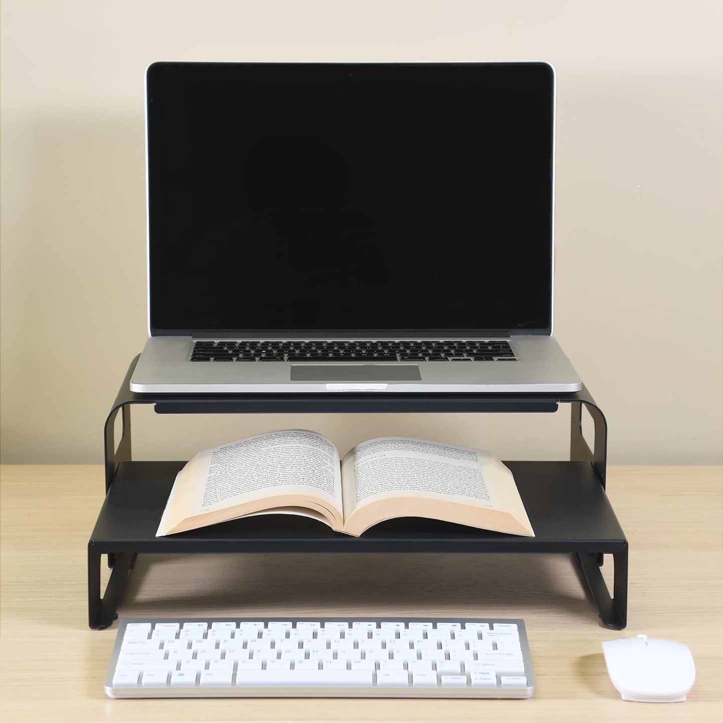 AEONS Versatile 2-Piece Monitor Stand Riser Desk Organizer, Ergonomic 2-Tier Computer iMac Display Holder Laptop Stand Printer Storage Shelf Cable