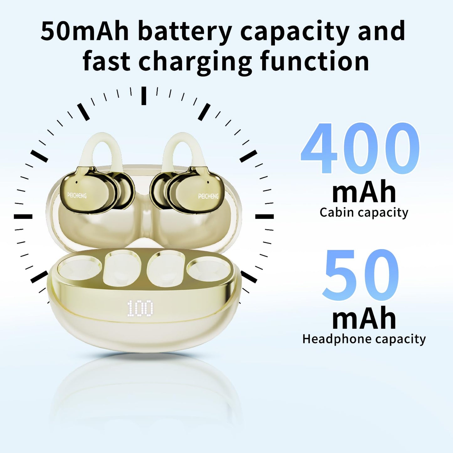 PEICHENG Earbuds Wireless Bluetooth Earphones, 5H Playback 50mAh+400mAh Power Case with Digital Display (Beige)