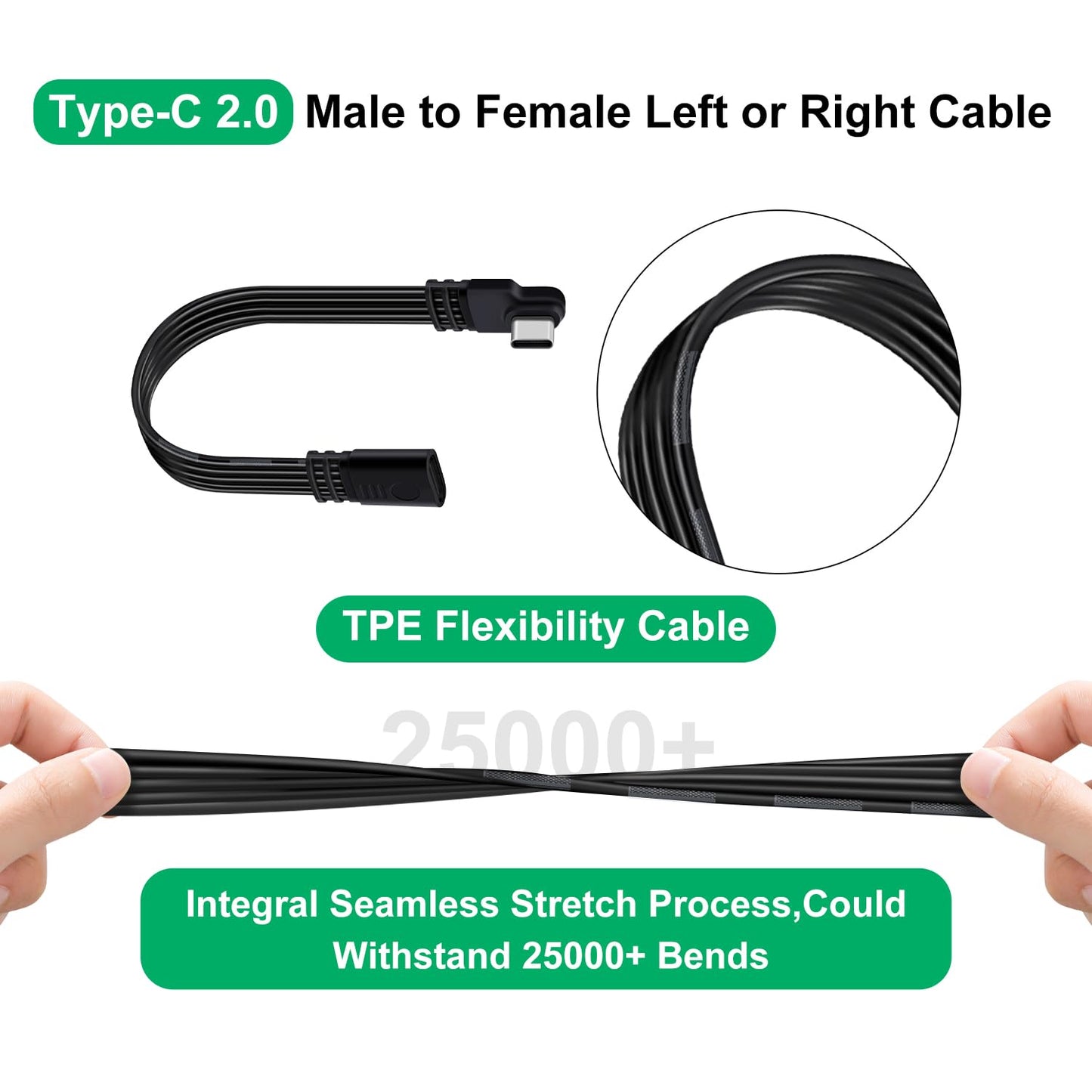 HuaLiSiJi 90 Degree UBS C Extension Flat Cable UBS C Male to Female Cable Support 480 Mbit/s Data Transmission and PD Charging for Type C Flash