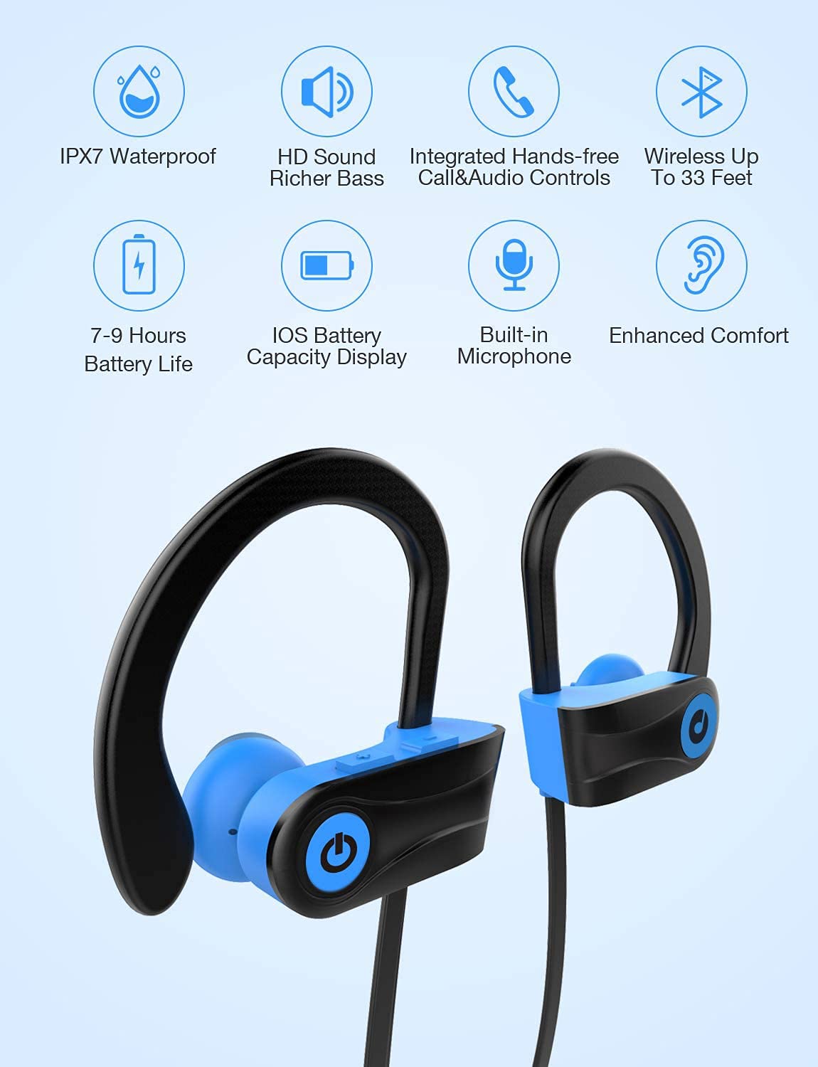 Bluetooth Headphones, Otium Wireless Sports Earbuds, Waterproof IPX7 w/Mic, HD Stereo in-Ear Earphones, Case, Fast Pairing, Gym Running Workout, 10