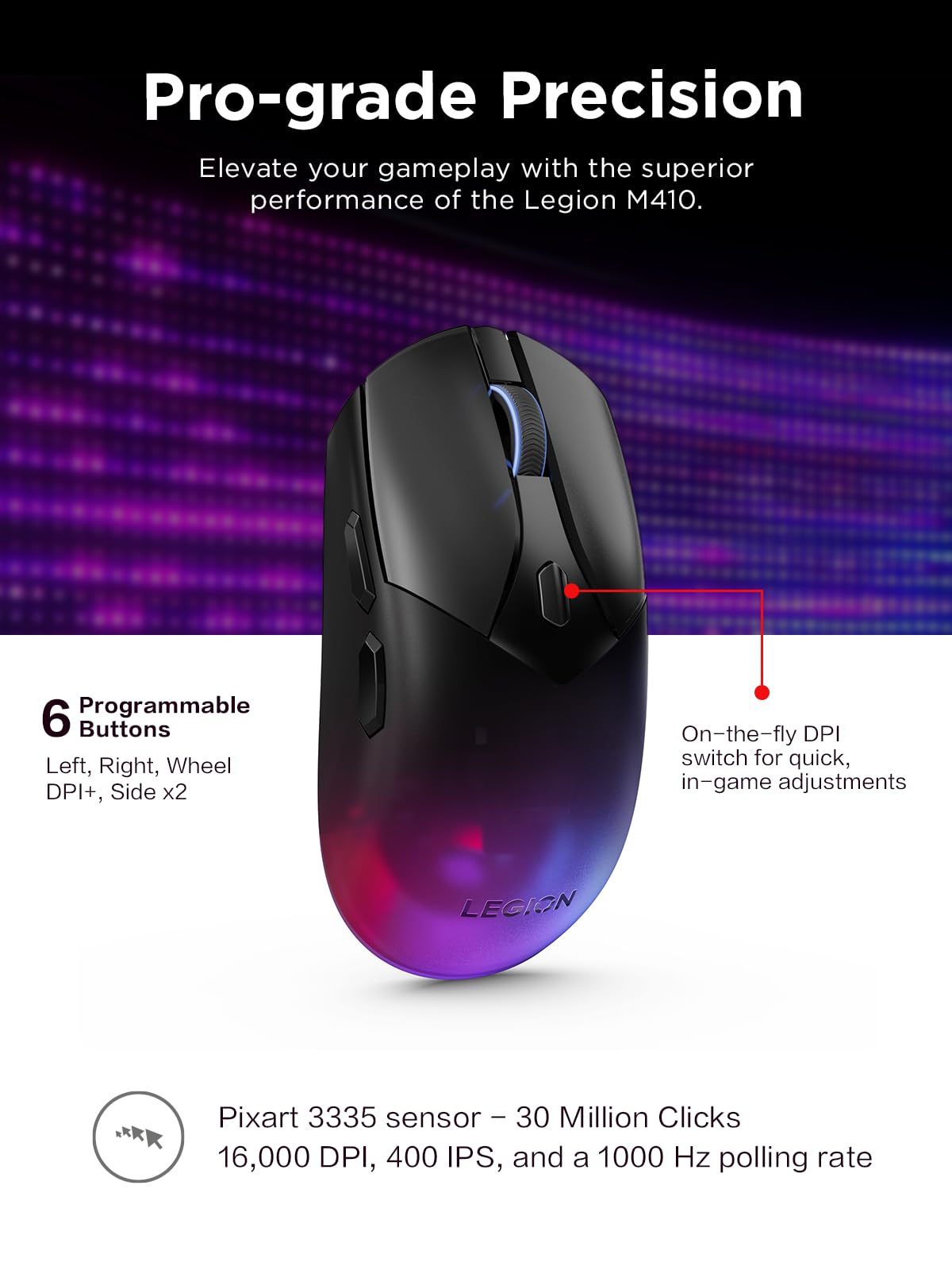 Lenovo Legion M410 Wireless RGB Gaming Mouse - 6 Button Palm Grip Mouse with 16,000 DPI, 53 Hour Rechargeable Battery, 2-Zone RGB Lighting, NVIDIA