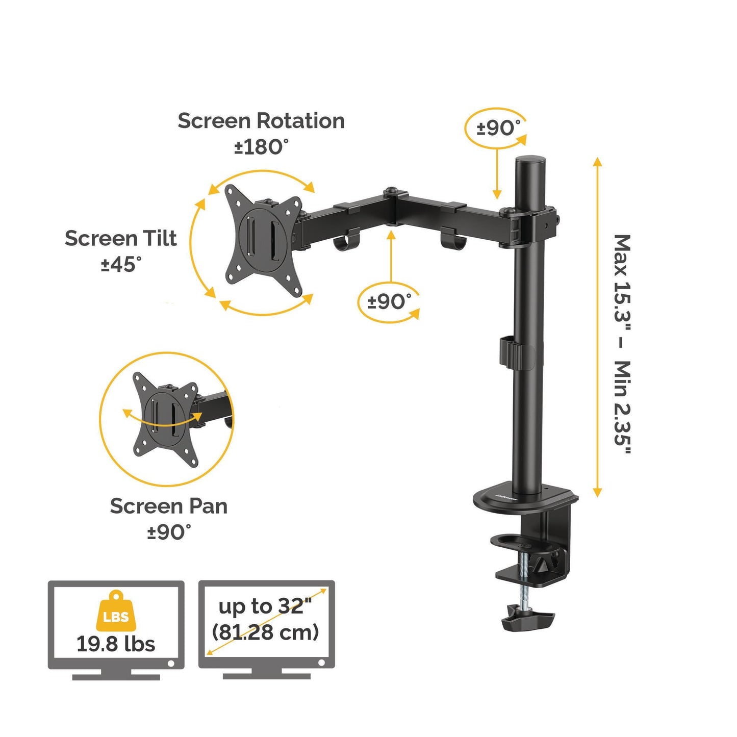 Fellowes Everyday Adjustable Single Monitor Arm - Supports Screens up to 32" Weighing 19.84 lbs, Tilt, Swivel, Rotate, VESA 75/100, Clamp or Grommet