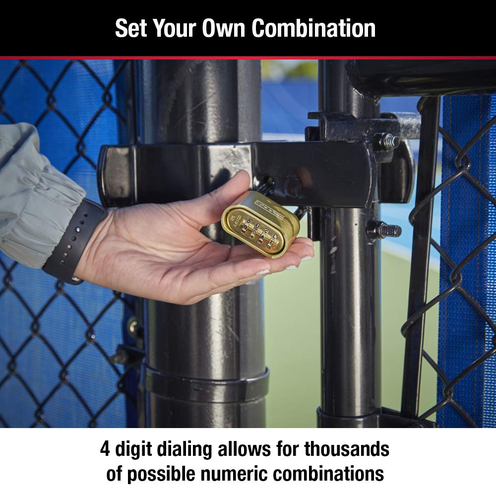 Master Lock Brass Combination Lock, Gate Lock for Outdoor Fence or Shed, Customizable Combination Padlock with Extended 2-1/4-Inch-Long Shackle, 2